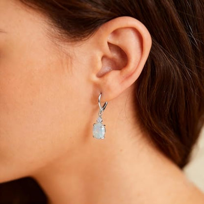 Dainty Opal Earrings for Women Sterling Silver Pear Oval Blue Opal Dangle Earrings Leverback Earrings Gold - color: leverback-white opal