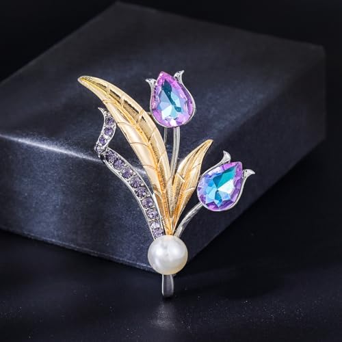 Flower Brooch for Women Rhinestone Pearl Zirconia Flower Lapel Pin Birthday Holiday Gift for Mother Wife Girlfriend - color: 12 Tulip