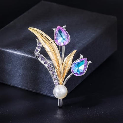 Flower Brooch for Women Rhinestone Pearl Zirconia Flower Lapel Pin Birthday Holiday Gift for Mother Wife Girlfriend - color: 12 Tulip