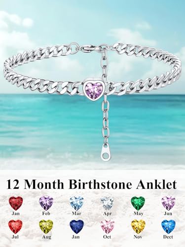 ChainsHouse Cuban Chain Anklets for Women with Heart Birthstone Jan - Dec | Stainless Steel Black Link Chain Ankle Bracelet with Birthstone, Beach Women Anklet 22cm-27cm Adjustable, with Gift Box - color: 06. Jun.-Alexandrite-Steel