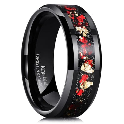 King Will Mens Wedding Band with Foils Inlay, Black/Silver/Gold Beveled Edge Glowstone Ring, 6mm/8mm Tungsten Carbide Rings Comfort Fit - color: Black&Red+Gold-8mm