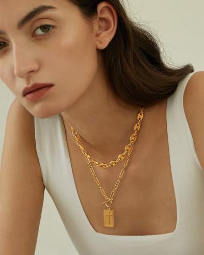 Aobei Pearl 18K Gold Plated Moon Star Lion Evil Eye Love Heart Cross Pendant Necklace Medallion Paperclip Chian Choker Layering Jewery for Women - color: Golden Rectangle Cross Necklace