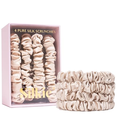 SILKIE x4 Set 100% Pure Mulberry Silk Black Brown Chocolate Pink Nude Neutral Skinny Scrunchies Travel Pouch Everyday Hair Ties Elastics Hair Care Ponytail Holder No Damage (Champagne) - color: Champagne
