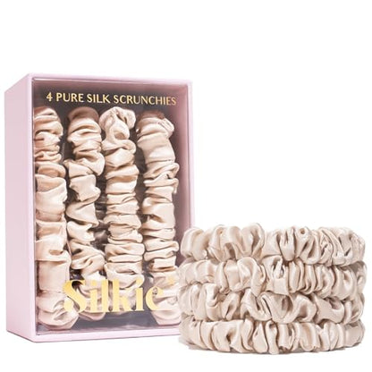 SILKIE x4 Set 100% Pure Mulberry Silk Black Brown Chocolate Pink Nude Neutral Skinny Scrunchies Travel Pouch Everyday Hair Ties Elastics Hair Care Ponytail Holder No Damage (Champagne) - color: Champagne