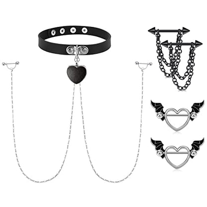 Nipple Ring with Choker Necklaces Stainless Steel Nipple Rings Chain Heart Cat Head Punk Chokers for Women Nipple Barbell Piercing Jewelry - color: Heart Style B