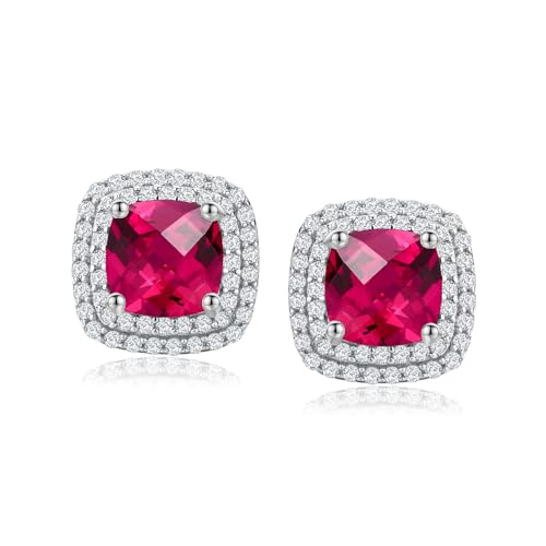 Dainty Birthstone Earrings for Women Sterling Silver Small Stud Earrings with Halo Cushion/Round Created Gemstone Earrings Birthstone Jewelry - style: A 07. July/created ruby-cushion cut