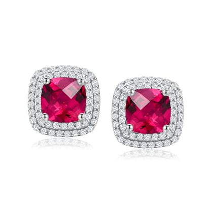Dainty Birthstone Earrings for Women Sterling Silver Small Stud Earrings with Halo Cushion/Round Created Gemstone Earrings Birthstone Jewelry - style: A 07. July/created ruby-cushion cut