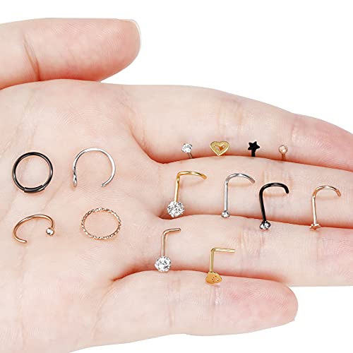 35-70 PCS 18G 20G Nose Rings for Women & Men - Gold Hoops, L Shape, Studs & Screw - 316L Surgical Stainless Steel - color: Color C-40pcs