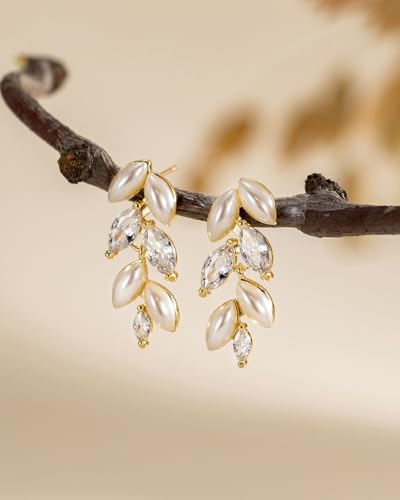 Pearl Earrings - 14K Gold/White Gold/Rose Gold Plated Cubic Zirconia CZ Diaomond Accented Pearl Drop Dangle Earrings for Women Wedding Bridal Prom - color: Gold leaf design