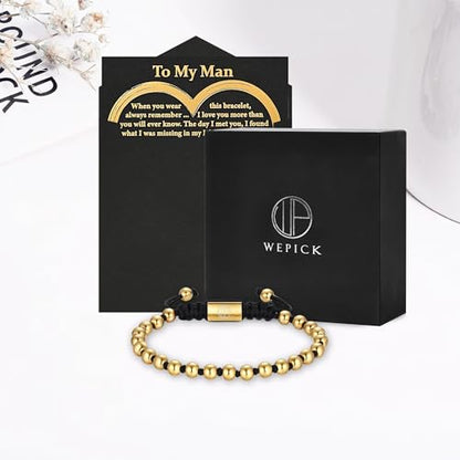 18K Gold-Plated Bracelets for Men Franco Link Chain Adjustable | Stainless Steel Bracelet, Gold Beads Bracelet, Handcrafted Braided, Mens Jewelry Birthday Gift for Men - color: Black with Gold Card Man