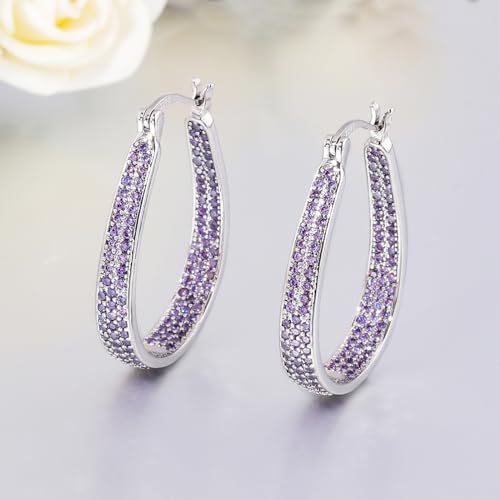 925 Sterling Silver Post Hoop Earrings for Women Gilrs Multcolors Cubic Zircon Hoops 14K Gold Plated Oval Chunky Hoop Earrings Jewelry Gift for Mothers Day/July 4th/Wedding/Party/Christmas - color: Purple