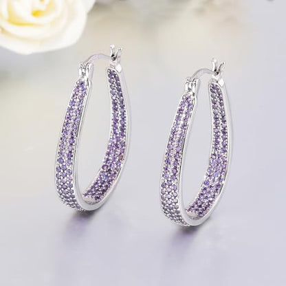 925 Sterling Silver Post Hoop Earrings for Women Gilrs Multcolors Cubic Zircon Hoops 14K Gold Plated Oval Chunky Hoop Earrings Jewelry Gift for Mothers Day/July 4th/Wedding/Party/Christmas - color: Purple