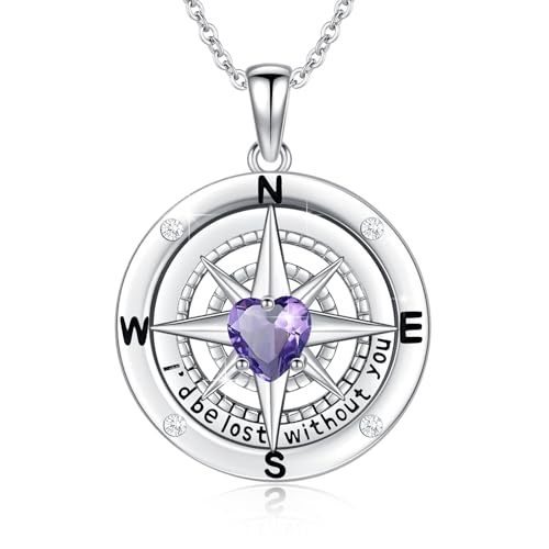 Compass Necklace Sterling Silver Nautical Graduation Gift | 925 Sterling Silver compass pendant with meaningful nautical design, jewelry for women, graduation and travel gift - color: Purple