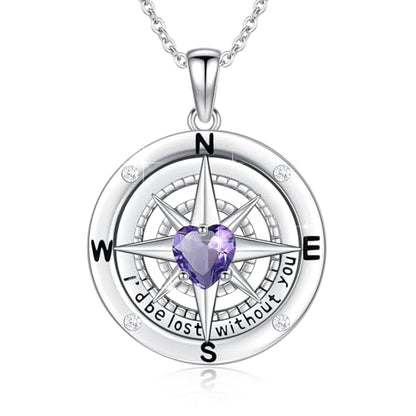 Compass Necklace Sterling Silver Nautical Graduation Gift | 925 Sterling Silver compass pendant with meaningful nautical design, jewelry for women, graduation and travel gift - color: Purple