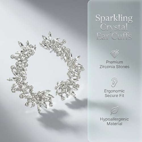 Silver Rhinestone Ear Cuffs for Women Non Piercing, Sparkly Crystal Ear Wrap Crawler Clip On Earrings, Fake Piercing Jewelry for Wedding Prom Party (Silver, 1 Pair)