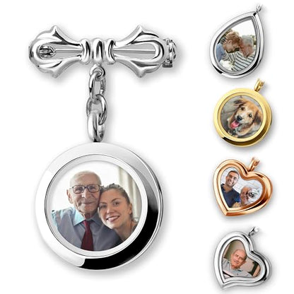 Personalized Photo Wedding Bouquet Charm, Double Sided Round Glass Photo Locket Pendant Pin Brooch, Handmade Memorial Picture Frame Bridal Shower Gift For Bride & Groom - color: Round Small - Silver