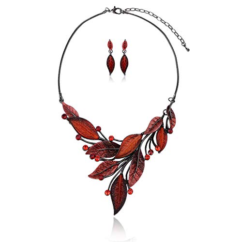 AMYJANE Vintage Statement Jewelry Set - Spring Leaf Flower Floral Plant Necklace Earring Set Crystal Rhinestone Fashion Costume Jewelry for Women Prom Party Unique Gift - style: Red Leaf Jewelry Set