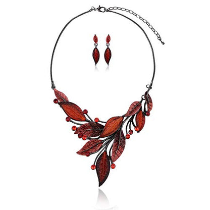 AMYJANE Vintage Statement Jewelry Set - Spring Leaf Flower Floral Plant Necklace Earring Set Crystal Rhinestone Fashion Costume Jewelry for Women Prom Party Unique Gift - style: Red Leaf Jewelry Set