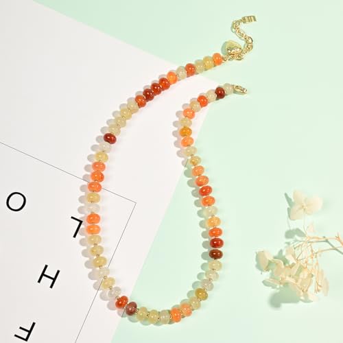 Boho Gemstone Beaded Necklace for Women – Colorful Natural Stone Choker 18K Solid Heart-Shaped Pendant, Summer Beach Jewelry - color: Golden Jade