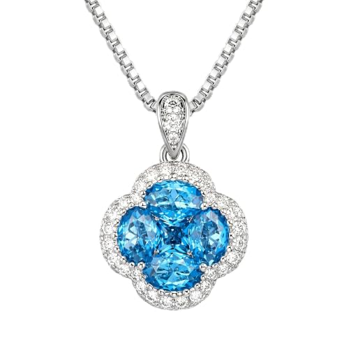 Green/Blue Zircon 4-Leaf Clover Jewelry Set – Necklace, Ring, Earrings – Women's Wedding & Evening Gift for Wife, Girlfriend, Mother – Comes with Gift Box - color: Blue Necklace