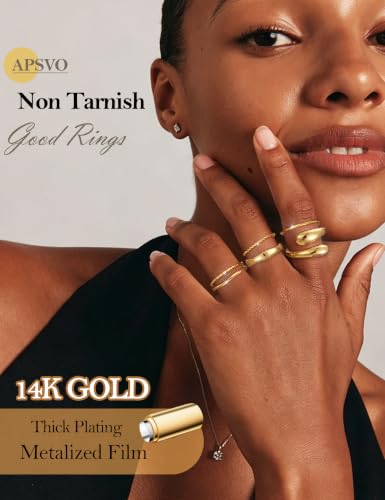 Apsvo Gold Rings for Women Non Tarnish, 6Pcs 14K Gold Plated Stackable Chunky Rings Set Trendy Statement Wedding Bands Pinky Thumb Rings Stacking Size 5-10 - color: Gold
