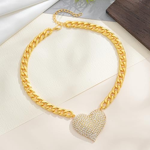 Gold Cuban Link Chain Necklace with Red Crystal Heart Pendant, Statement Chunky Curb Link Chain，Fashion Jewelry for Women - color: White