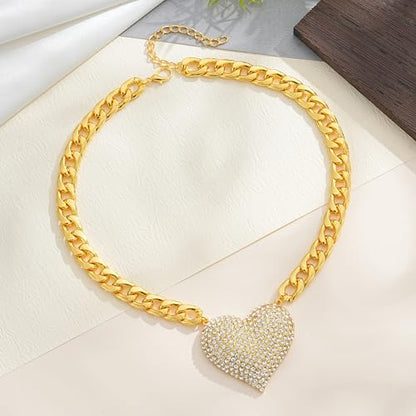 Gold Cuban Link Chain Necklace with Red Crystal Heart Pendant, Statement Chunky Curb Link Chain，Fashion Jewelry for Women - color: White