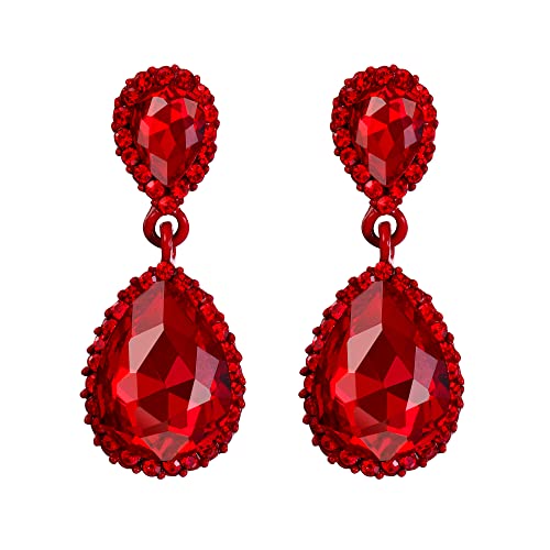 EVER FAITH Women's Austrian Crystal Wedding Tear Drop Dangle Earrings | Bridal Prom Jewelry for Bride Bridesmaid - color: Red Red-Tone