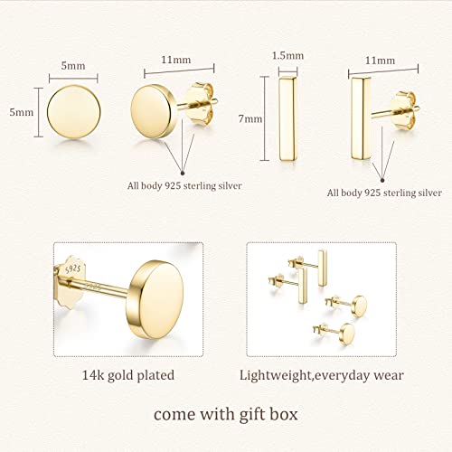 JIAYIQI Minimalist 925 Sterling Silver Stud Earrings Set, 14K Gold Plated Hypoallergenic Tiny Bar Dot Heart Star Studs for Women & Men - style: Gold-Bar Dot-2 Pairs