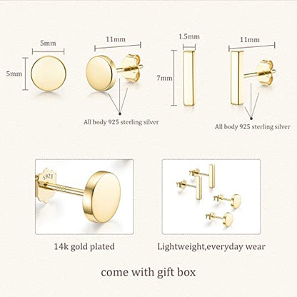 JIAYIQI Minimalist 925 Sterling Silver Stud Earrings Set, 14K Gold Plated Hypoallergenic Tiny Bar Dot Heart Star Studs for Women & Men - style: Gold-Bar Dot-2 Pairs
