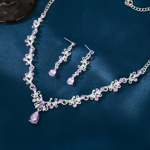 Crystal Crown Jewelry Set for Women Bride Queen Tiara Earrings and Necklace | Metal Royal Crown Costume Jewelry Set Wedding Prom Quinceanera Party Pageant Halloween Retirement Christmas Birthday Gift - color: Silver Purple