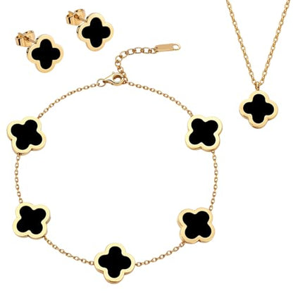 Clover Necklace Pendant Earring Bracelet Set | Designer Necklace Earring Bracelet Jewelry Set | Lovely Gift - color: Black