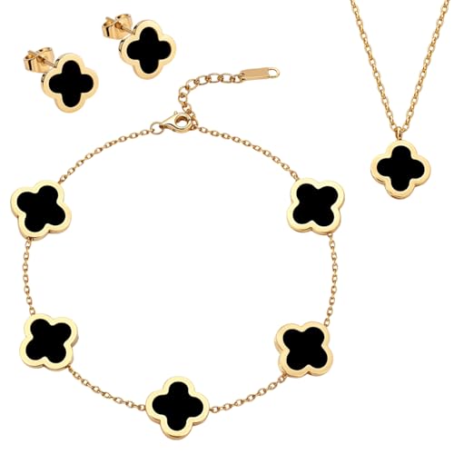 Clover Necklace Pendant Earring Bracelet Set | Designer Necklace Earring Bracelet Jewelry Set | Lovely Gift - color: Black