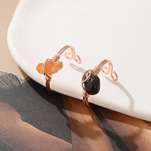 9 PCS Healing Crystal Ring, Adjustable Wire Wrapped Rings Irregular Gemstone Rings Set for Women - color: Rose Gold-Style B
