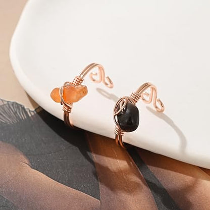 9 PCS Healing Crystal Ring, Adjustable Wire Wrapped Rings Irregular Gemstone Rings Set for Women - color: Rose Gold-Style B