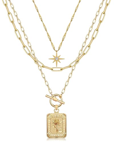 MJartoria Layered Necklaces for Women, 14K Gold Plated Brass | Star Choker, Square Birth Flower, Paperclip Chain, Trendy - color: Gold, style: Z07-Lotus
