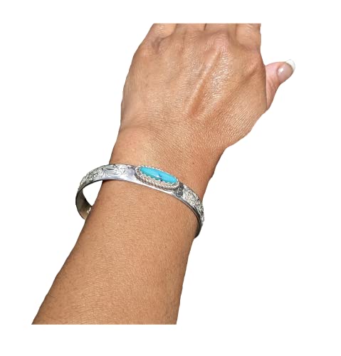 Native American Bracelet, Turquoise Cuff, Sterling Silver Engraved Accents Jewelry, SouthWest Artisans sz 6.75in