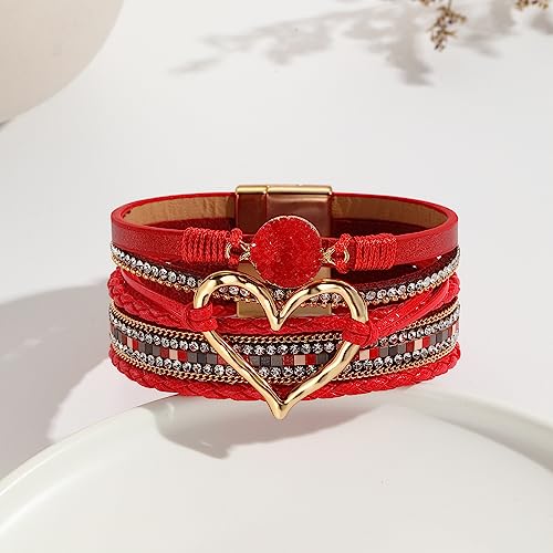 Womens Love Heart Leather Wrap Bracelet Multi-layer Stacked Bangle | Magnetic Clasp Soft PU Leather Resin Stone Rhinestone Boho Style Birthday Valentine Christmas Bohemian Jewelry Gift - color: Red