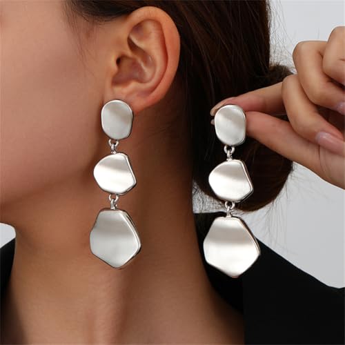 Dainty Alloy Retro Smooth Geometric Circular Lightweight Dangle Drop Earrings Gold-plated Irregular Stud Earrings for Women - style: Sliver