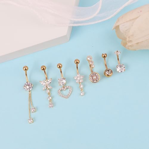 7 Pcs Gold Belly Button Ring Dangle for Women Hypoallergenic Surgical Stainless Steel Dangling Belly Rings Butterfly Heart CZ Cute Long Belly Button Piercing Dangly Navel Piercings Pack Belly Piercing Jewelry - color: gold