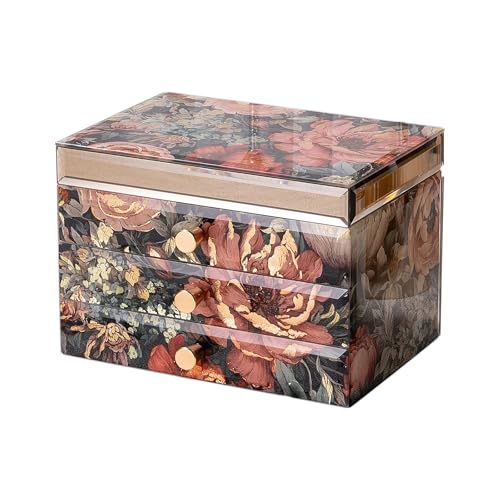 High End Glass Jewelry Box for Women, 3 Layer, Peony | Large Jewelry Organizer, Velvet-Lined, For Ring, Necklace, Earring, Bracelet, Thanksgiving Day Christmas Gift for Her - color: Peony, size: 3 Layer(5.9"D x 8.6"W x 5.9"H)