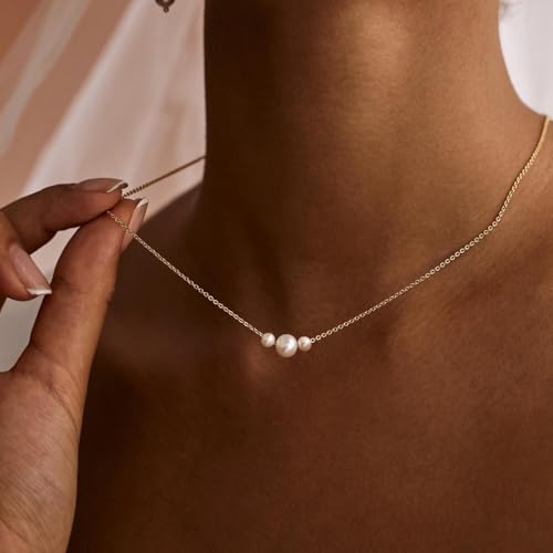 Dainty Pearl Necklace for Women Gold Plated Bridal Wedding Jewelry Trendy Cute Lariat Pearl Pendant Drop Charm Choker Stackable Necklace Gift for Women Mom Sister Daughter - color: D.3 pearls