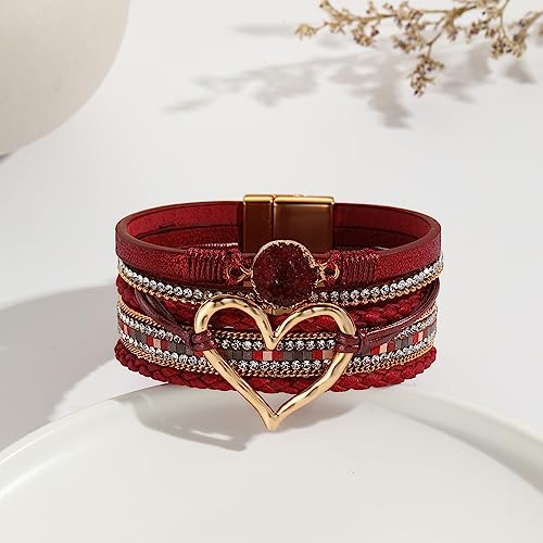 Womens Love Heart Leather Wrap Bracelet Multi-layer Stacked Bangle | Magnetic Clasp Soft PU Leather Resin Stone Rhinestone Boho Style Birthday Valentine Christmas Bohemian Jewelry Gift - color: Wine Red