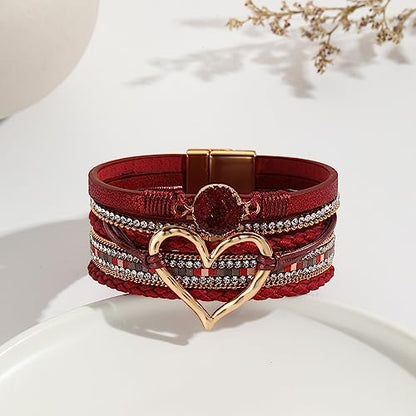 Womens Love Heart Leather Wrap Bracelet Multi-layer Stacked Bangle | Magnetic Clasp Soft PU Leather Resin Stone Rhinestone Boho Style Birthday Valentine Christmas Bohemian Jewelry Gift - color: Wine Red