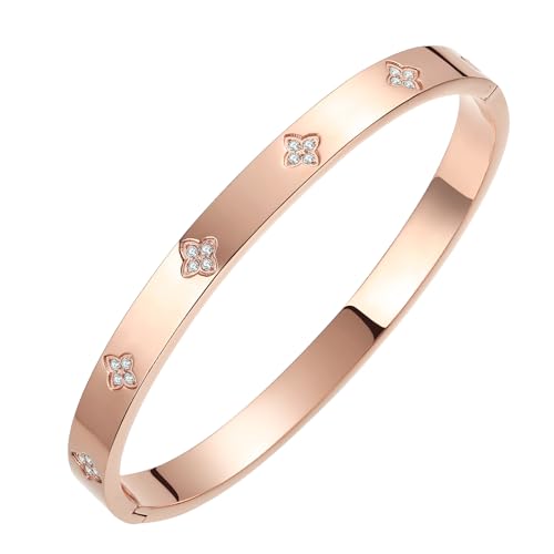 14K Gold Plated Four Leaf Clover Bangle Bracelet | Stainless Steel Lucky Love Cuff with Cubic Zirconia, Hypoallergenic Jewelry Gift for Women - color: Clover Rose Gold-Medium