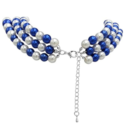 Rosemarie & Jubalee Women's 3 Colorful Multi Strands Simulated Pearl Necklace And Earrings Jewelry Gift Set, 18"+3" Extender - color: Blue White Mix Silver Tone Double Ball Earring