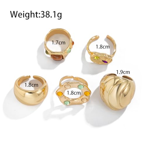5Pcs Chunky Gold Rings for Women,Stackable Large Dome Knuckle Rings,Thick Gold Crystal Finger Rings Set Trendy Jewelry - color: Golden