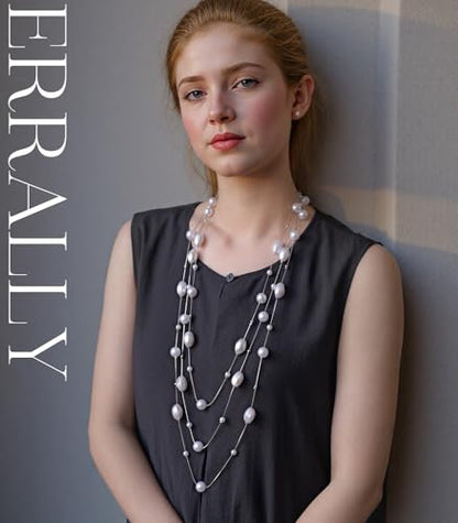 Errally Long Pearl Necklace and Earring Set Layered Pearl Beaded Necklaces for Women White Costume Jewelry Sets Gifts for Mom - color: Faceted Oval
