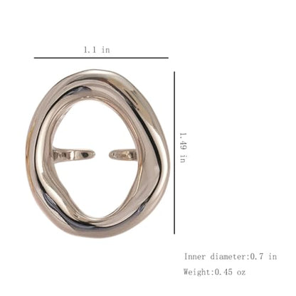 Chunky Irregular Hollow Oval Statement Ring For Women Adjustable Open Band Geometric Fashion Jewelry Gold Tone Or Silver Tone - color: Silver