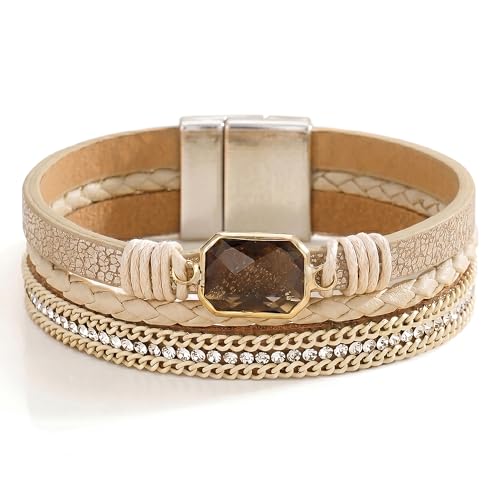 Fesciory Leather Wrap Bracelet for Women, Boho Western Layered Cuff Jewelry | Stackable Bracelets, Easy-On Clasp, Daily Wear, Pairs with Boho Western Outfits, Gift for Women - color: Beige1